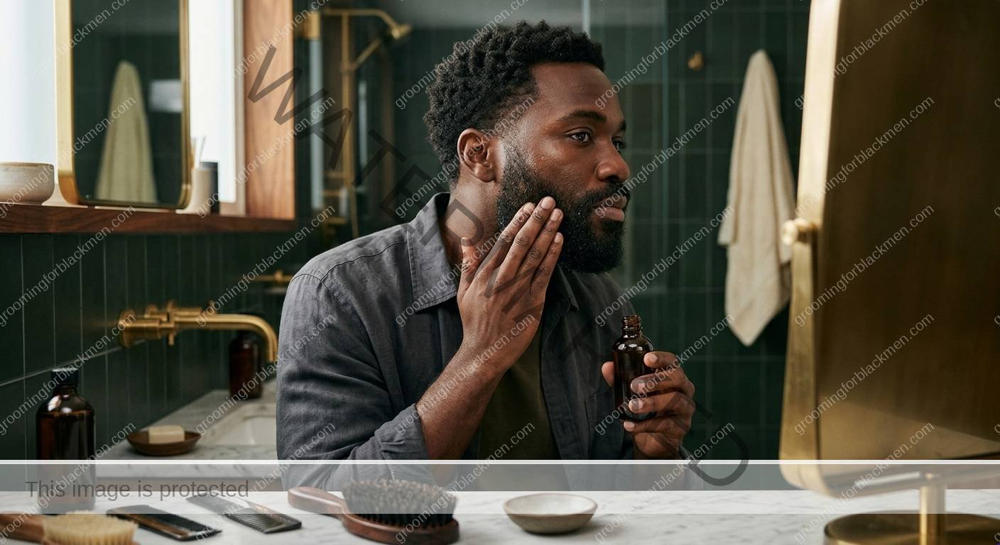 Black man using a focused affordable beard oil routine with realistic grooming technique
