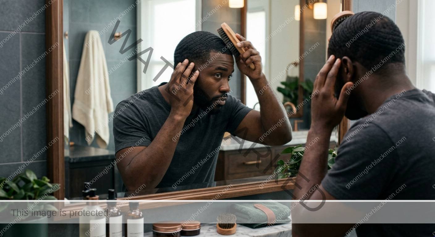 Black man reviewing affordable clippers choices in a clean grooming setup