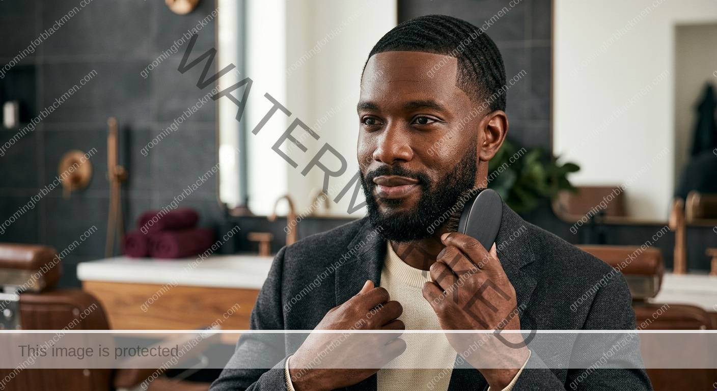Black man with a calm finished affordable clippers routine and realistic skin texture