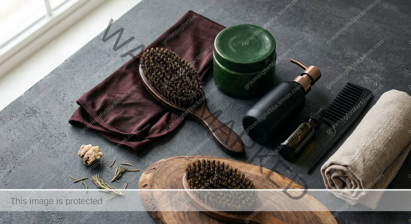 Affordable grooming tools and product categories for Black men arranged cleanly