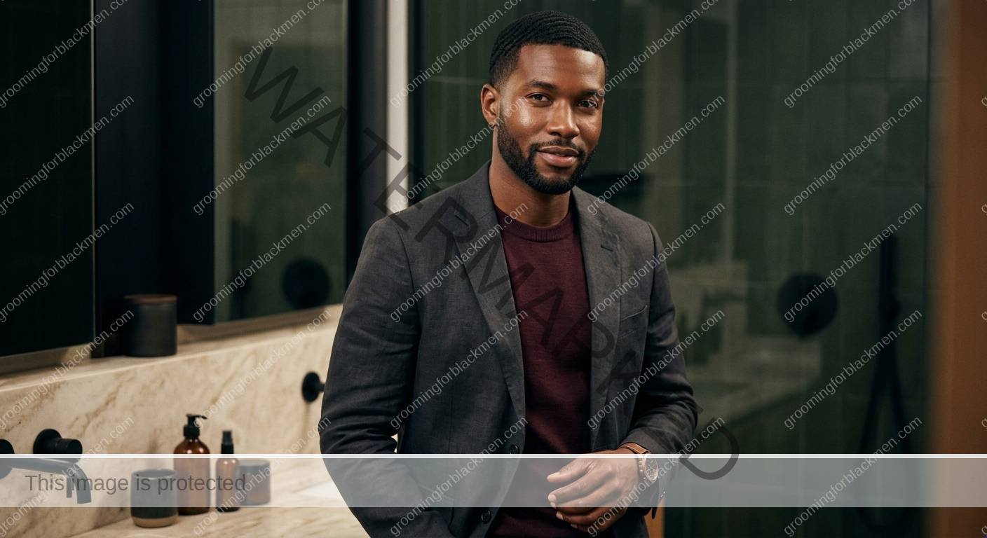 Black man with a calm finished affordable moisturizer routine and realistic skin texture