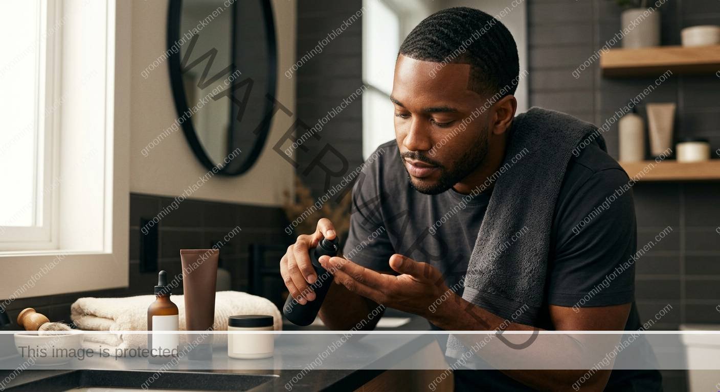 Black man organizing affordable grooming products before choosing what to keep