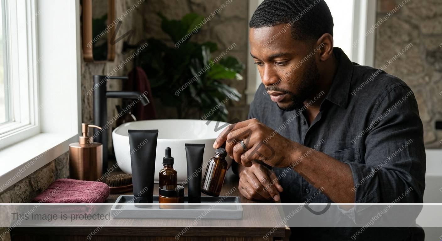 Affordable grooming tools and product categories for Black men arranged cleanly