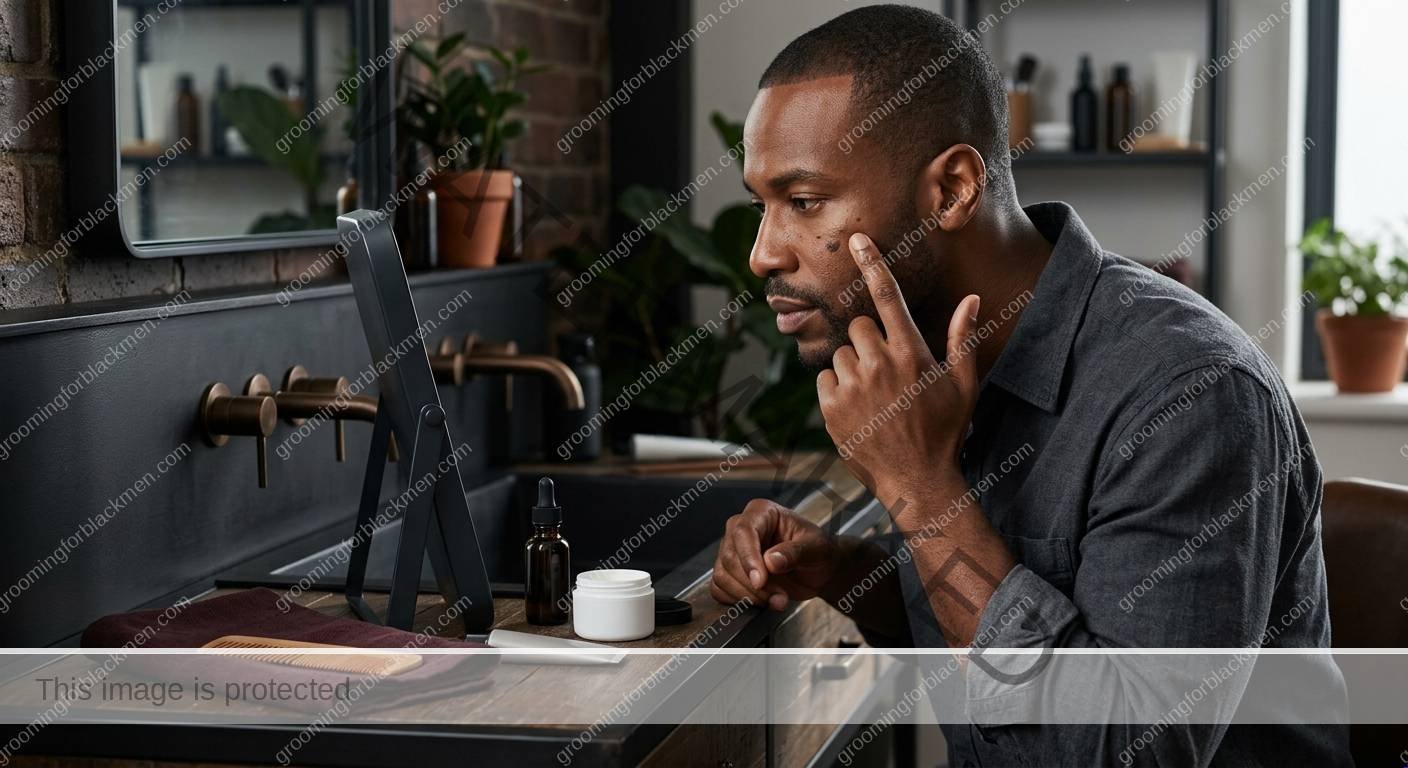 Black man using a focused affordable moisturizer routine with realistic grooming technique