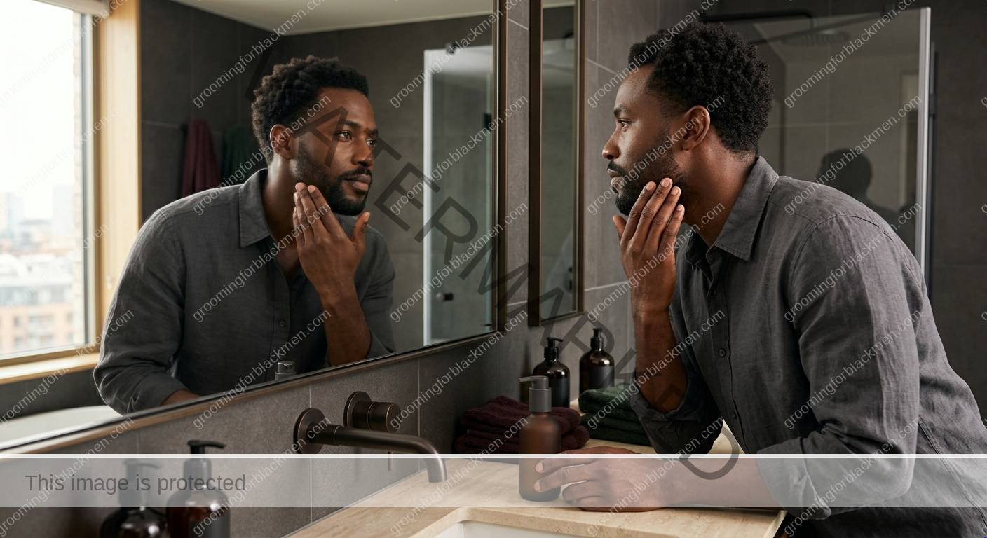Black man reviewing affordable sunscreen choices in a clean grooming setup