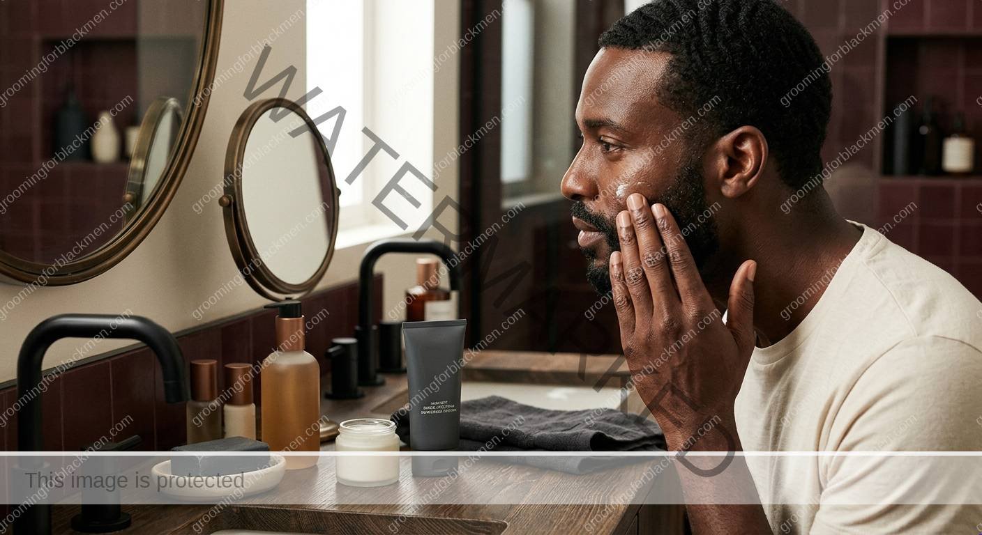 Black man organizing affordable grooming products before choosing what to keep