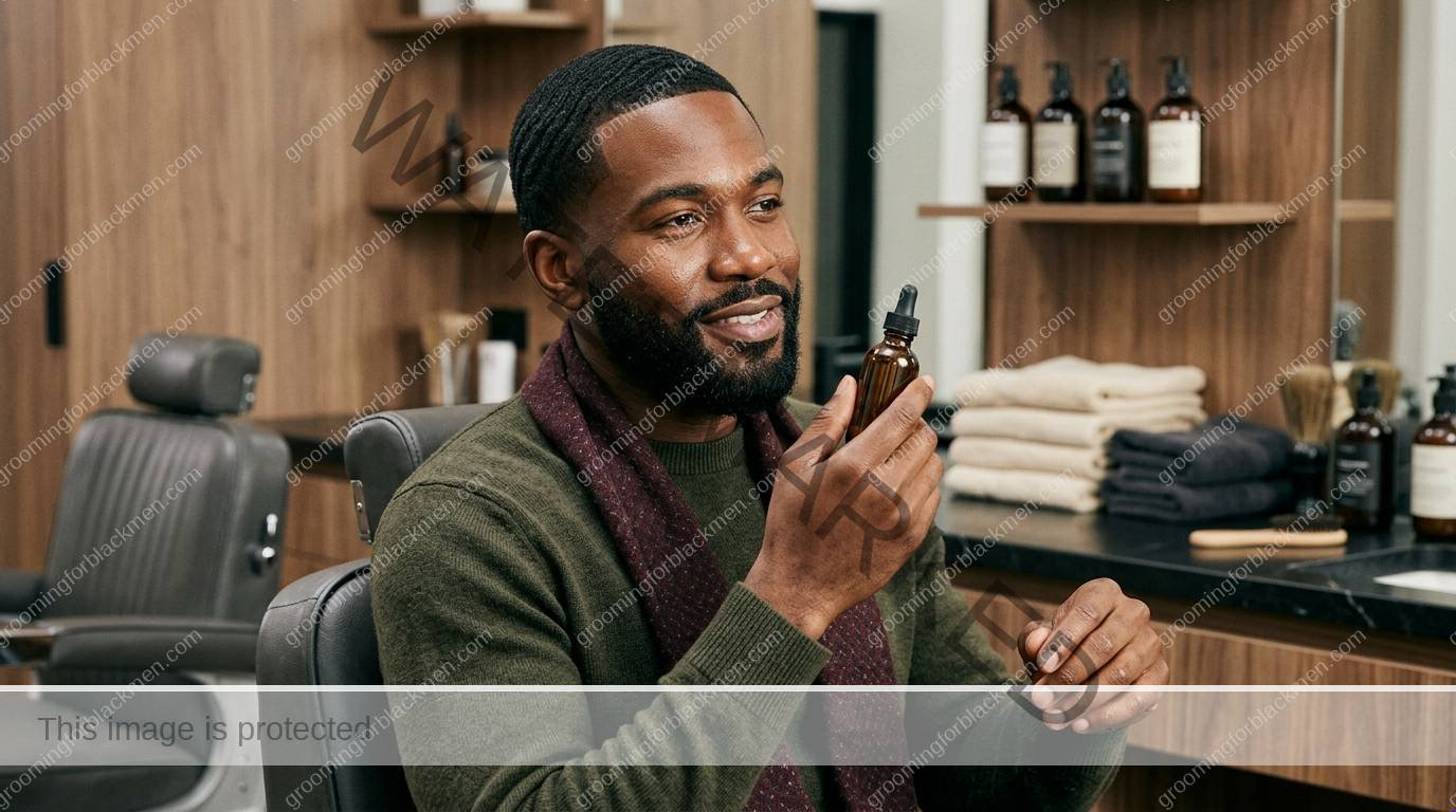 Black man with rich brown skin using amazon basics grooming in a premium grooming setting