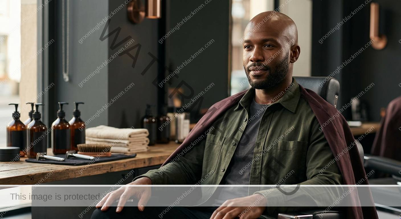 Black man grooming routine image for Bald Head Care for Black Men: Practical Grooming Guide