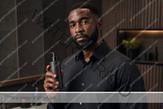 Black man beginning a best face wash Black men gentle cleanser routine in a premium grooming setting