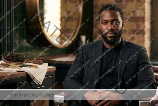 Black man using beard brush and comb in a clean grooming routine