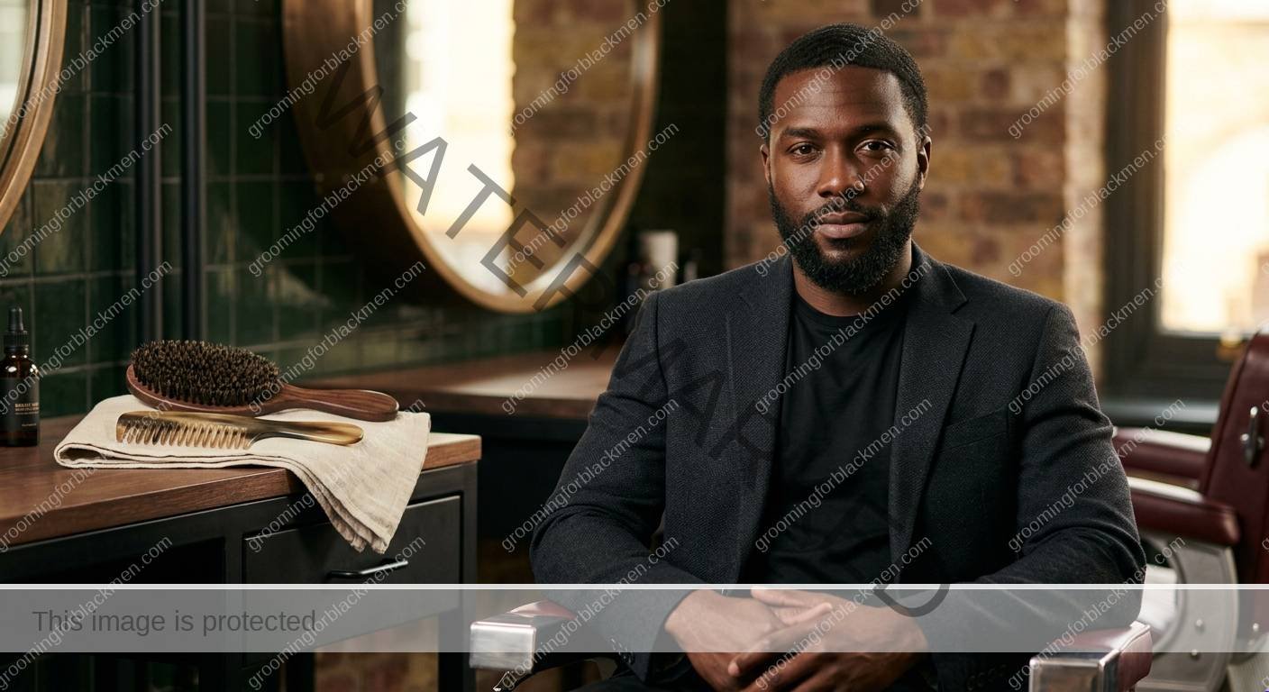 Black man using beard brush and comb in a clean grooming routine