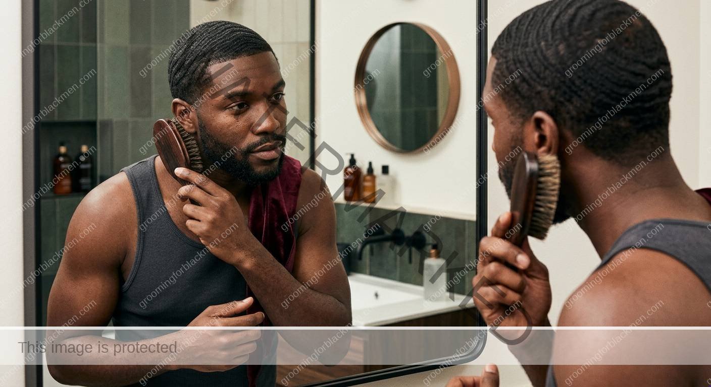 Black man reviewing budget 360 waves choices in a clean grooming setup