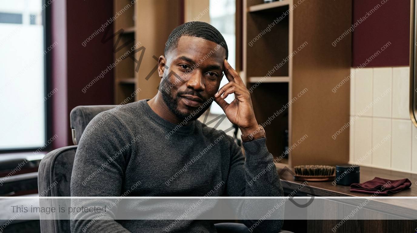 Black man with rich brown skin using budget 360 waves in a premium grooming setting