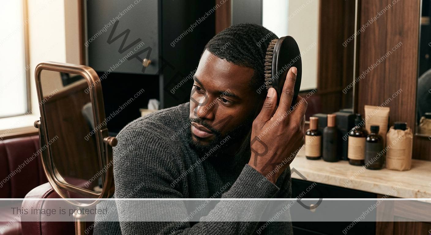Black man using a focused budget 360 waves routine with realistic grooming technique