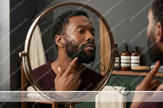 Black man with rich brown skin working through budget beard care in a premium grooming setting