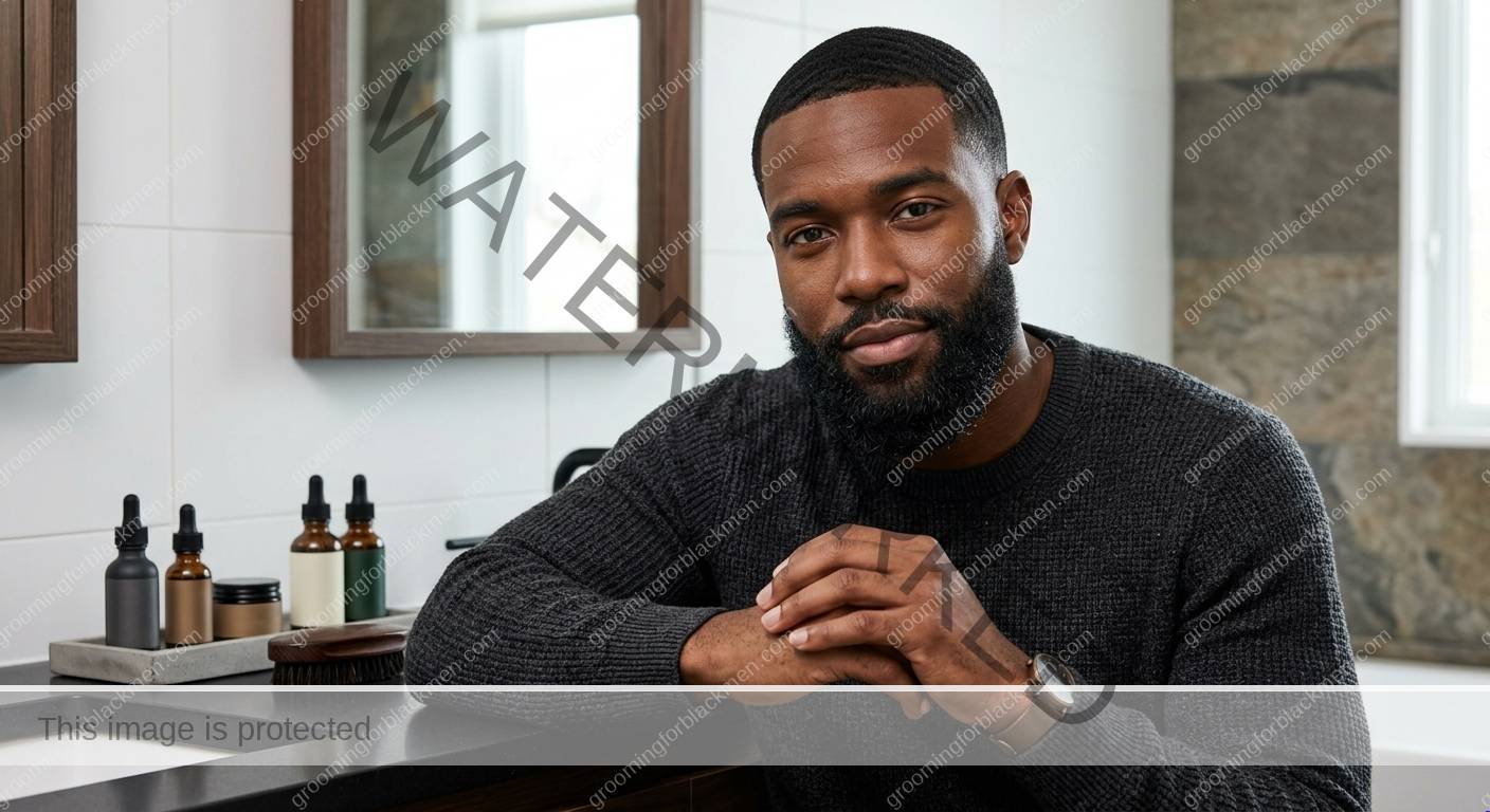 Black man organizing budget grooming products and tools before choosing what to keep