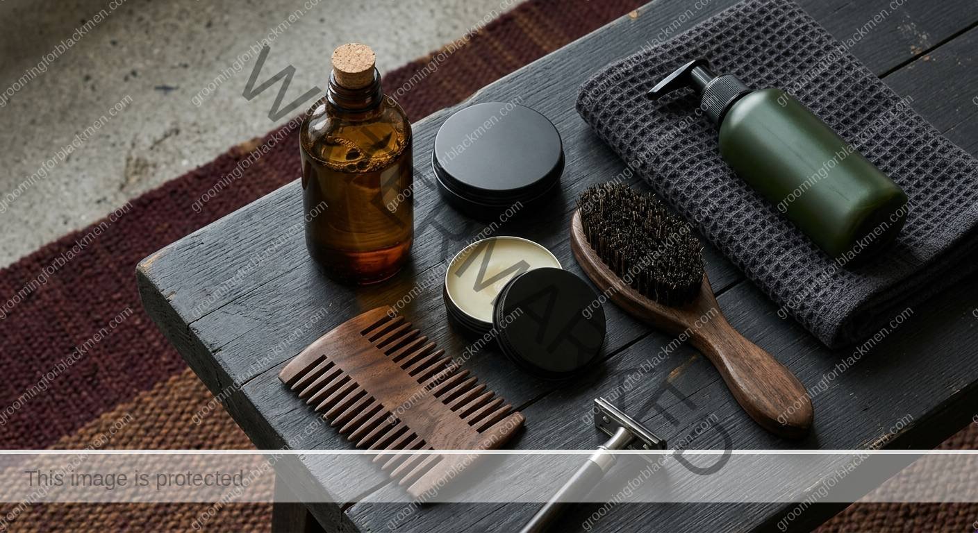 Budget grooming tools and product types for Black men arranged cleanly