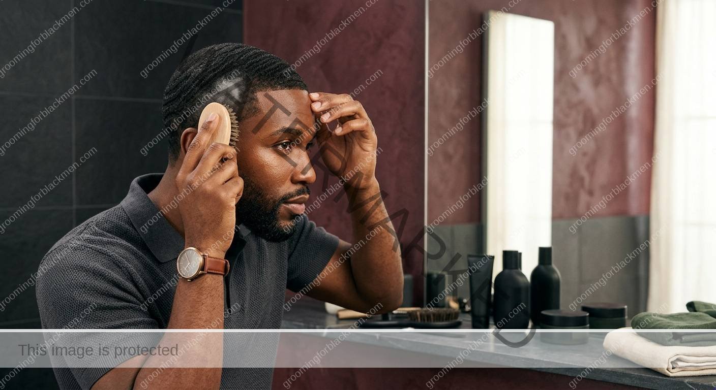 Black man reviewing budget hair and scalp choices in a clean grooming setup