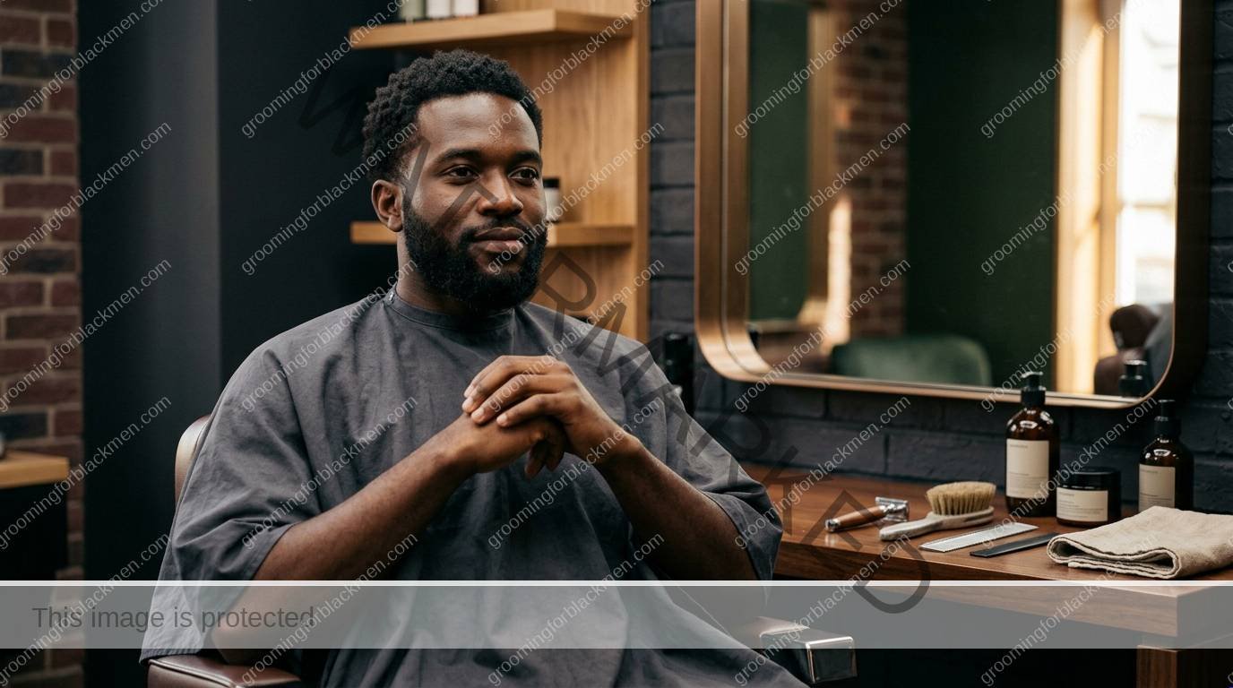 Black man with rich brown skin using budget hair and scalp in a premium grooming setting