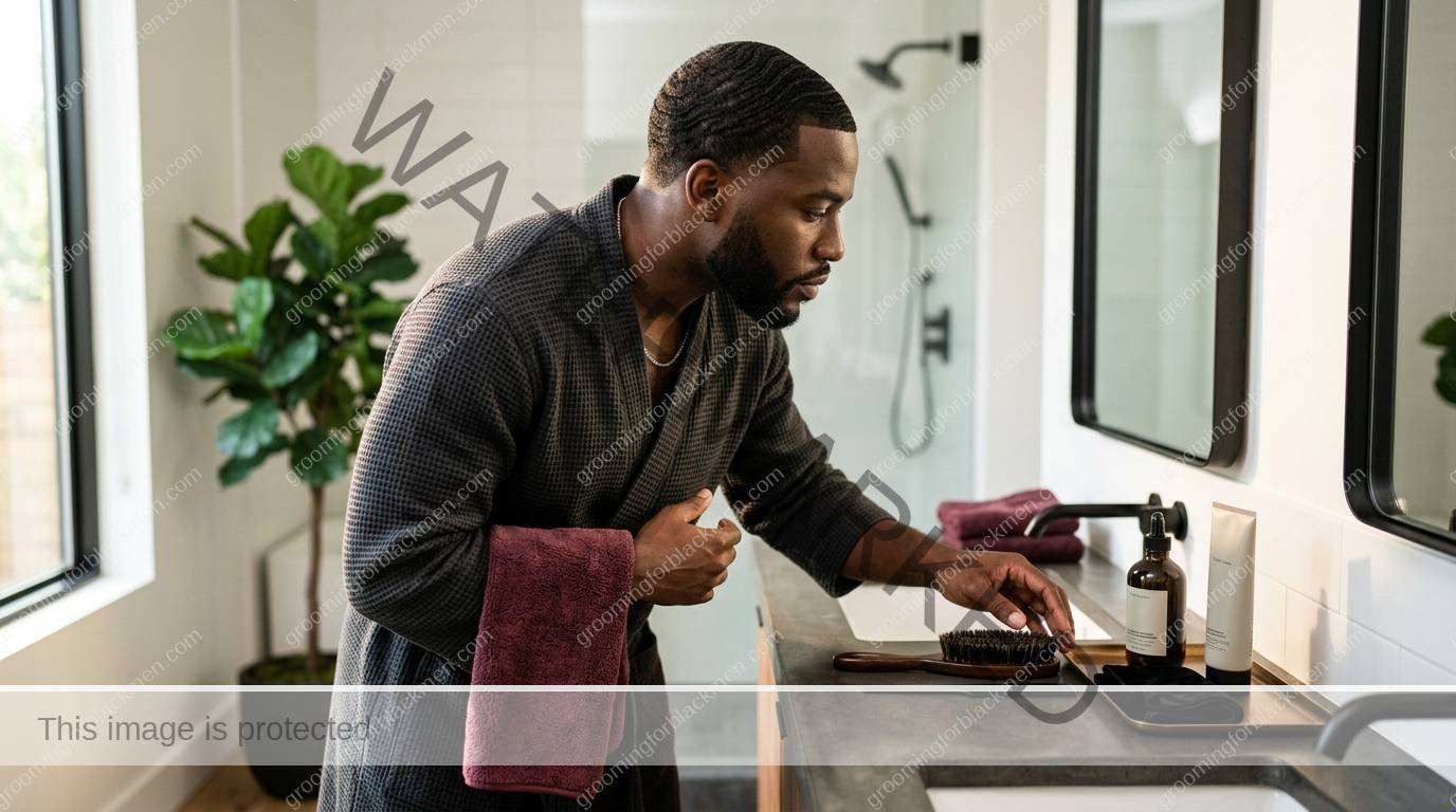 Black man organizing affordable grooming products before choosing what to keep