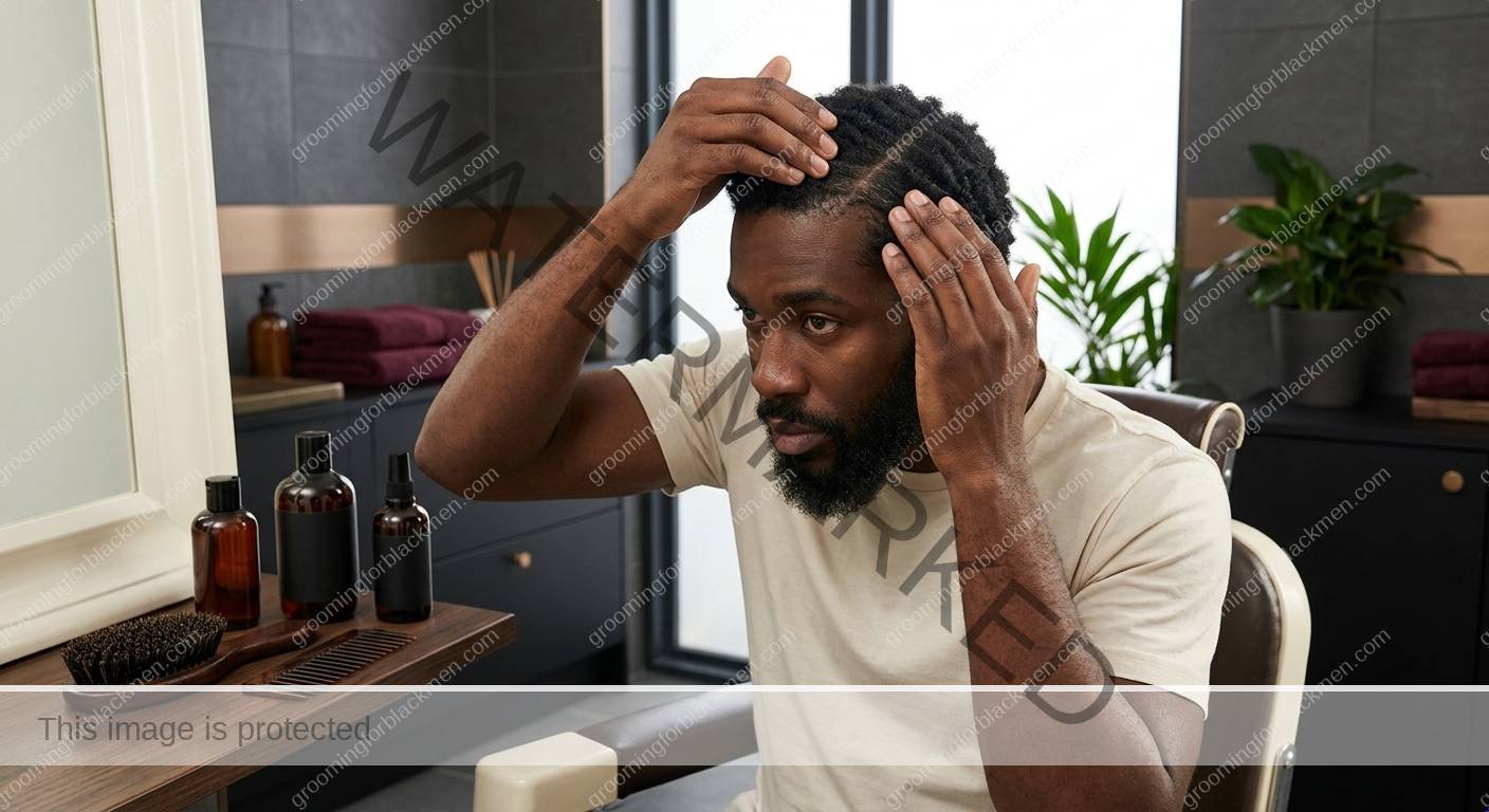 Black man using a focused budget hair and scalp routine with realistic grooming technique