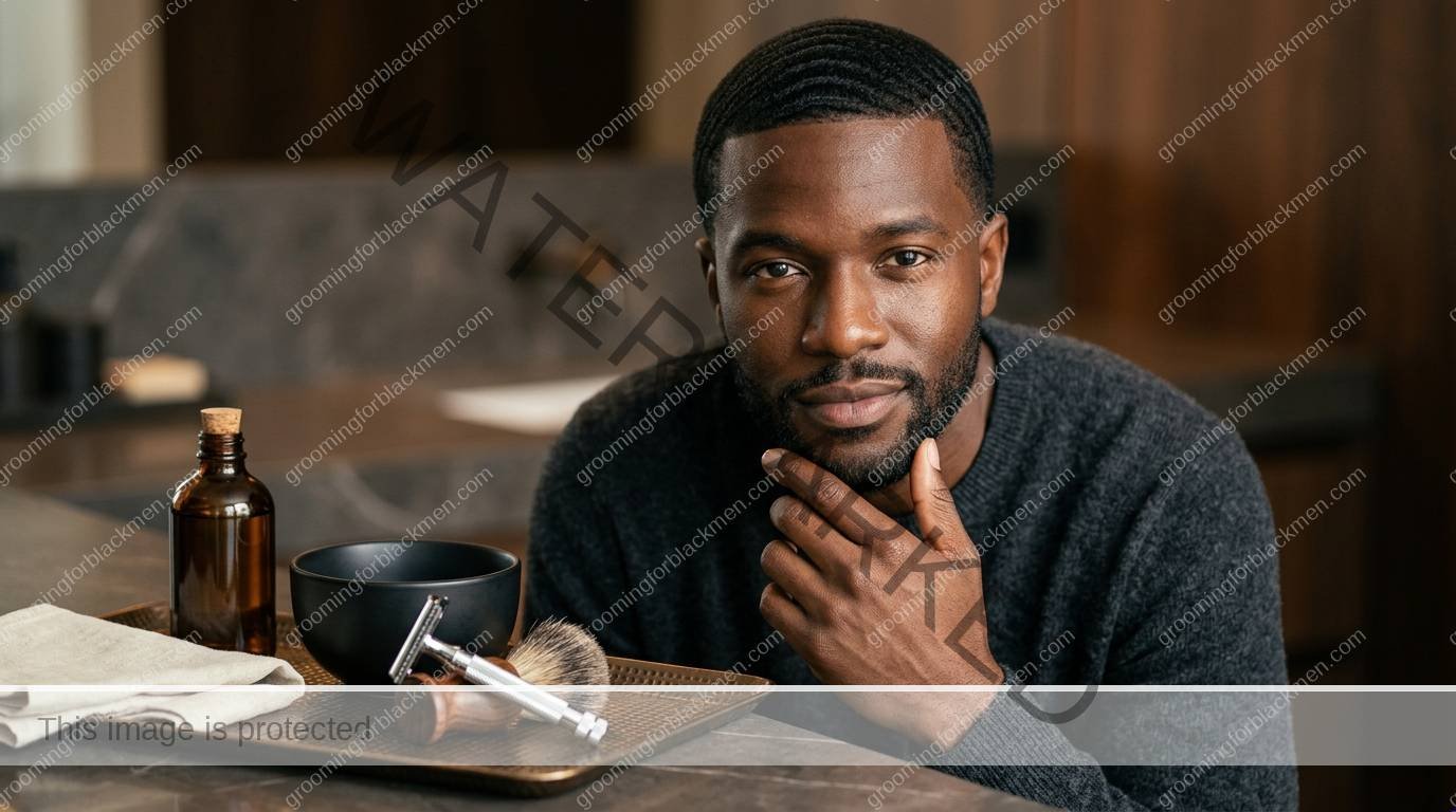 Black man reviewing budget shaving kit options in a clean grooming setup