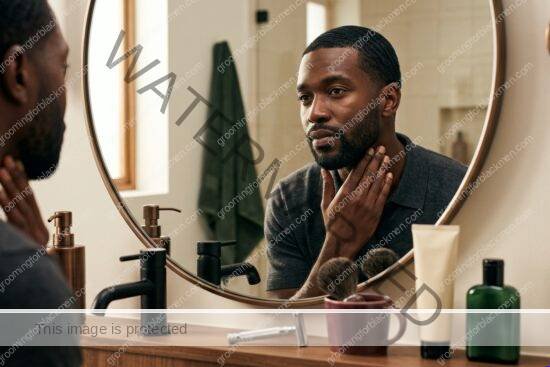 Black man with rich brown skin working through budget shaving kit in a premium grooming setting