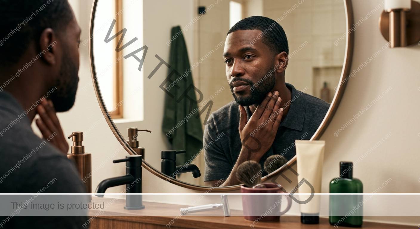 Black man with rich brown skin working through budget shaving kit in a premium grooming setting