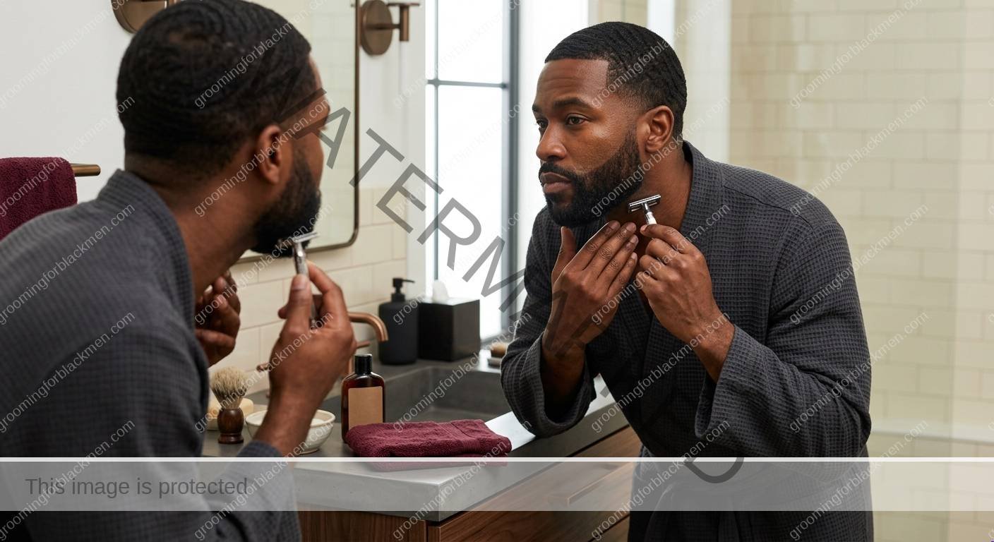 Black man with a calm finished grooming routine and realistic skin texture