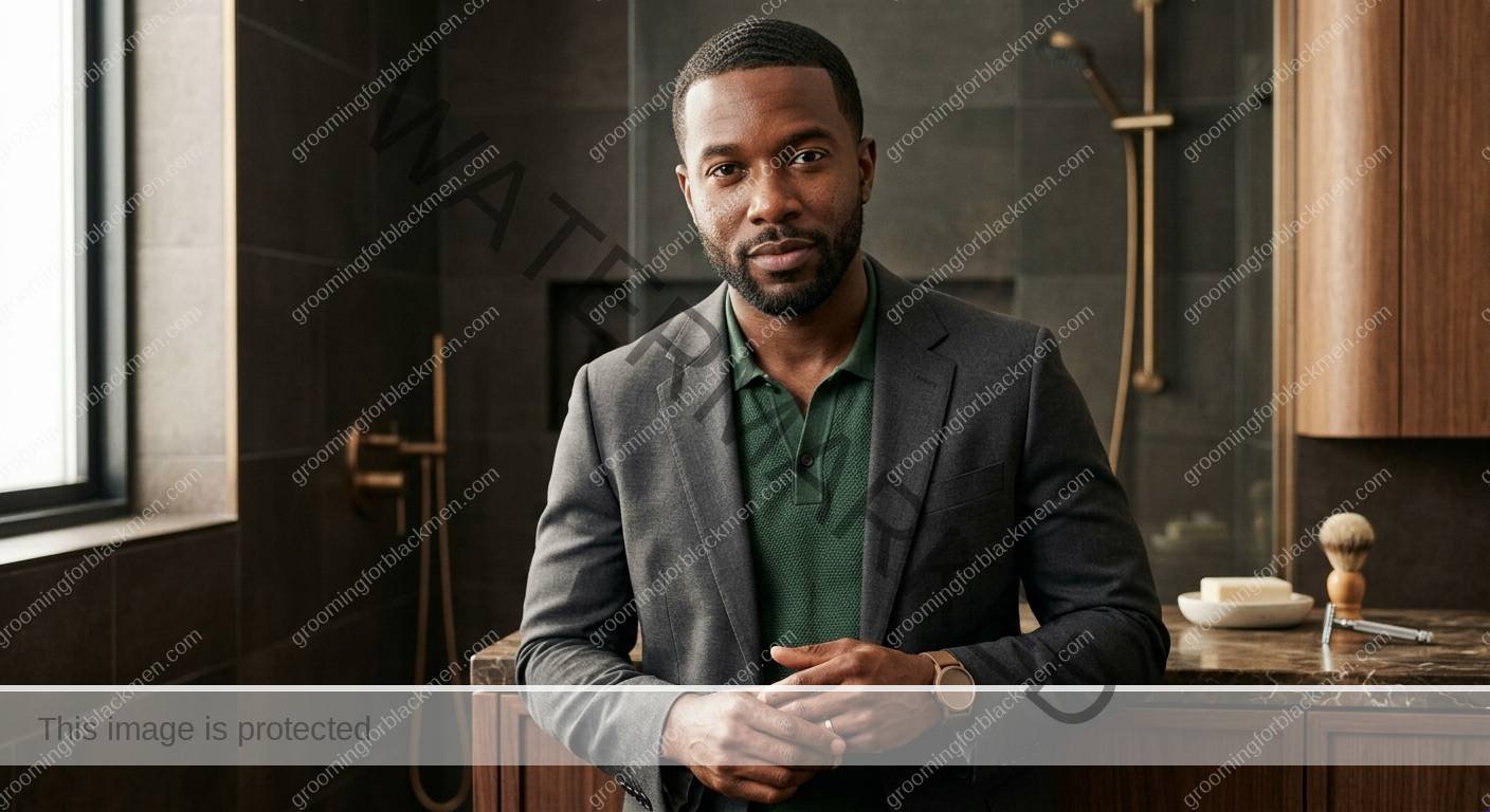 Black man organizing budget grooming products and tools before choosing what to keep