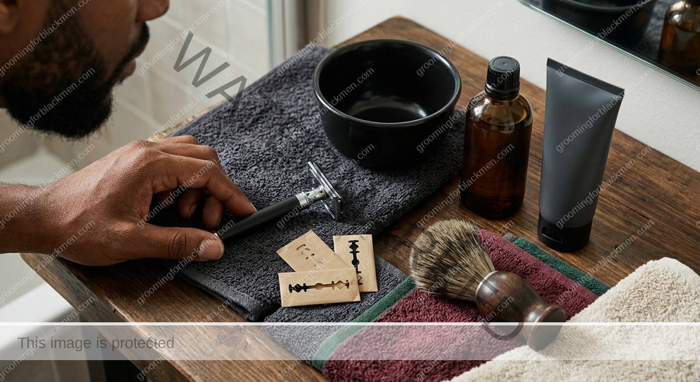 Budget grooming tools and product types for Black men arranged cleanly
