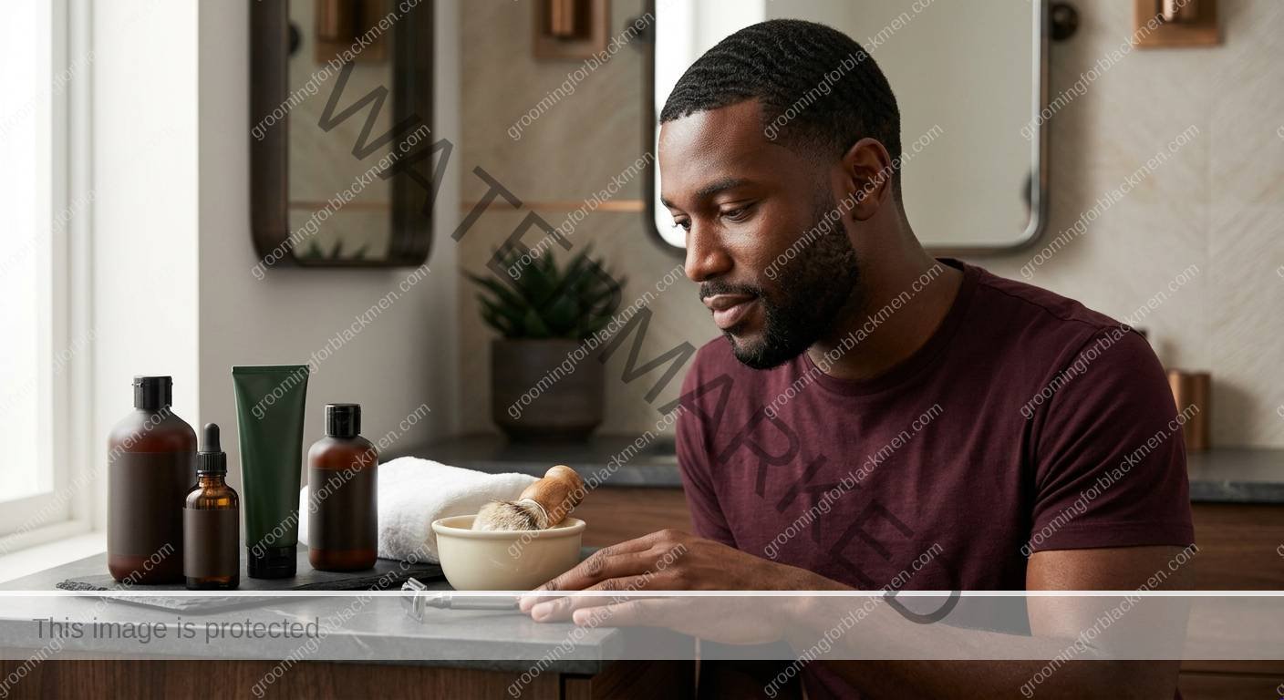 Black man using a focused grooming routine with realistic technique