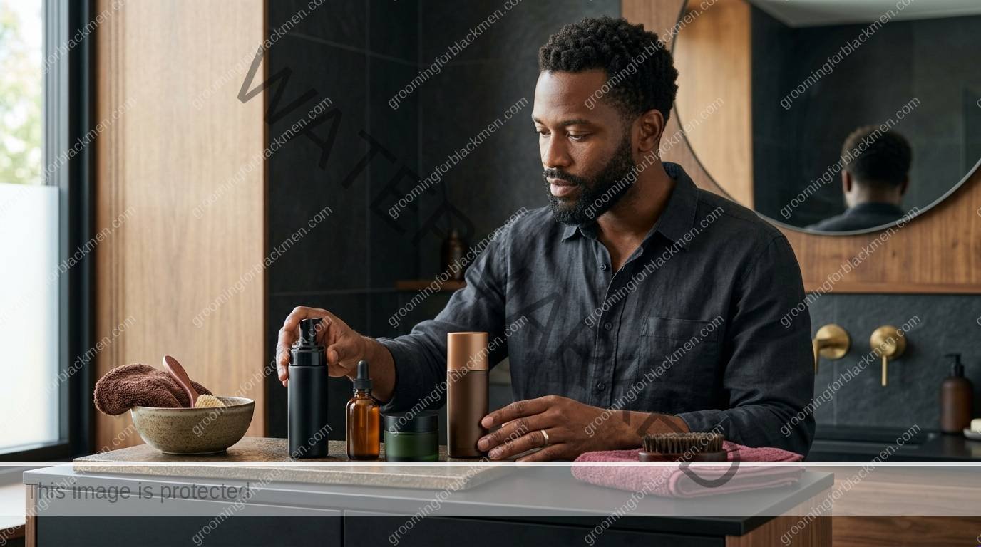 Black man using a focused college grooming routine with realistic grooming technique