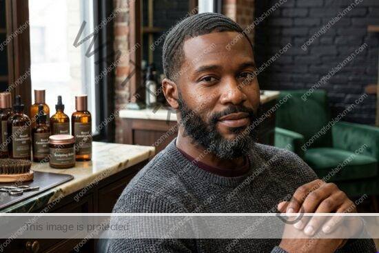 Black man grooming routine image for Commercial Beard Products for Black Men: Practical Grooming Guide