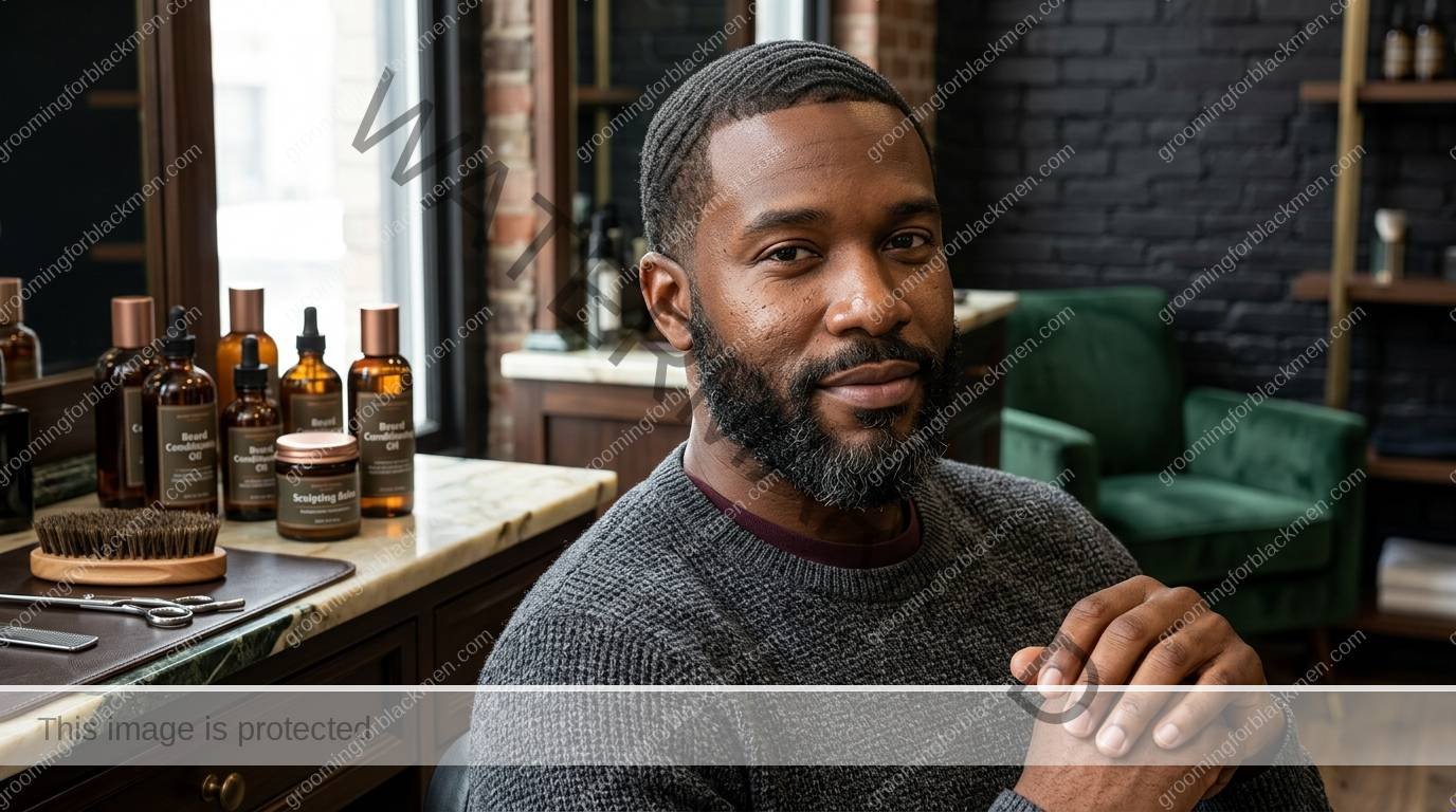 Black man grooming routine image for Commercial Beard Products for Black Men: Practical Grooming Guide