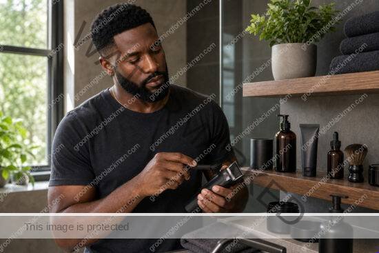 Black man with rich brown skin in a premium grooming setting for common mistakes for black men