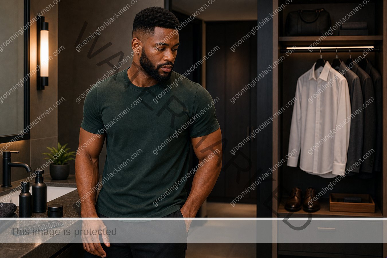 Black man preparing a daily presence routine routine in a clean masculine grooming space