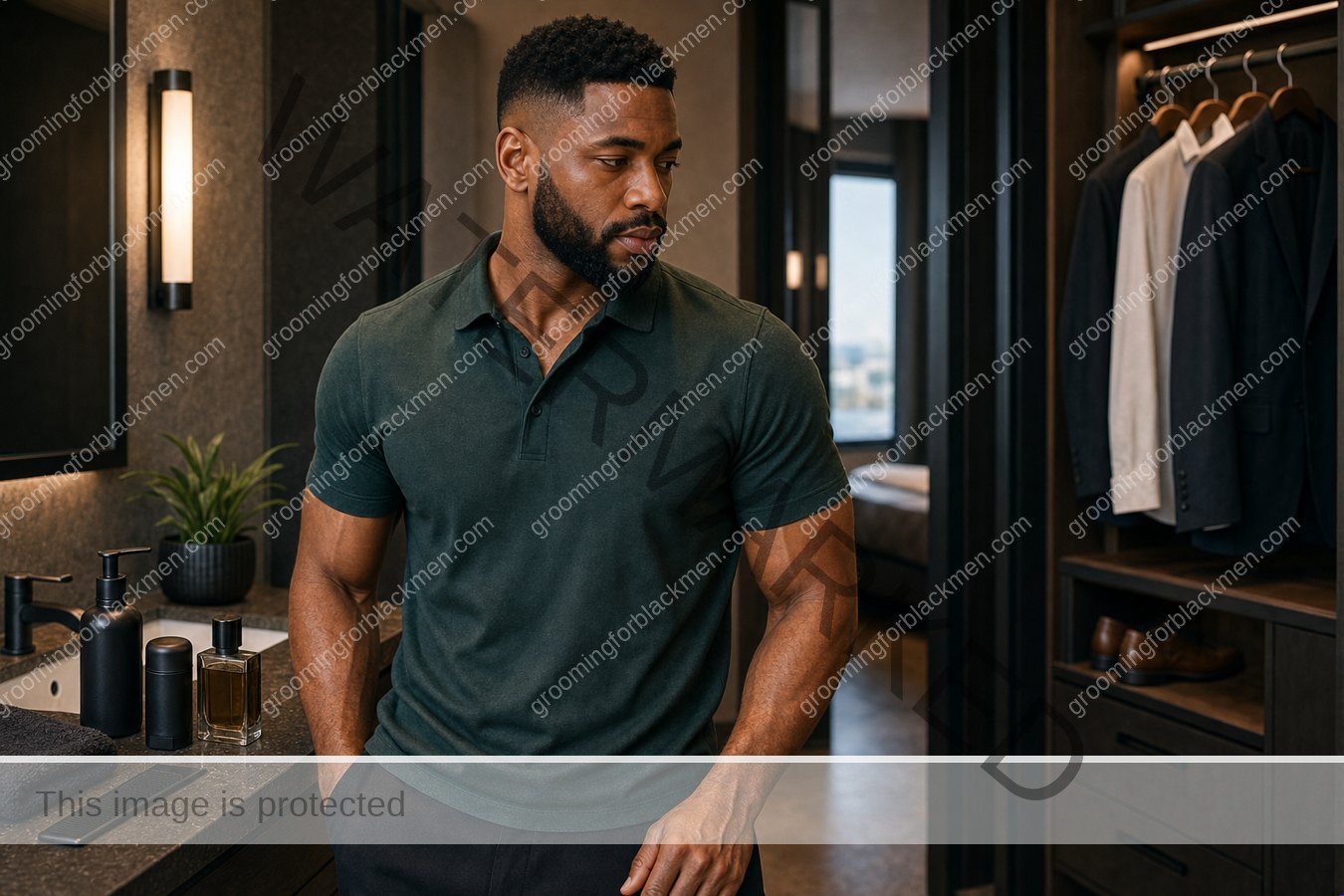 Black man with rich brown skin in a premium grooming setting for daily presence routine for black men practical grooming guide