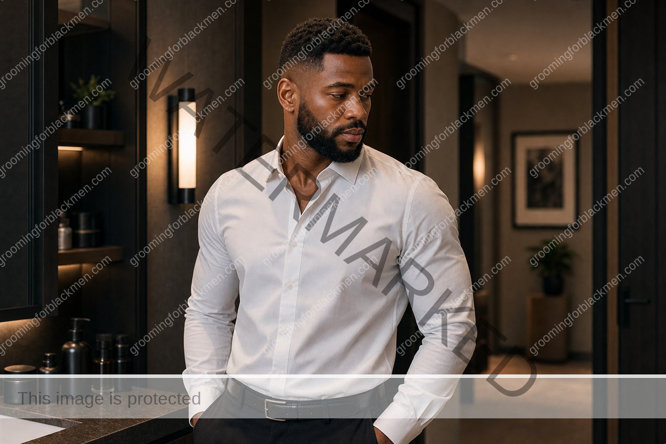 Black man with a clean finished daily presence routine routine and realistic skin texture