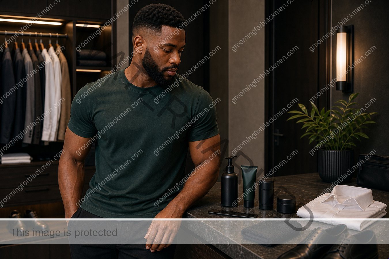 Black man organizing grooming products and tools before a daily presence routine routine