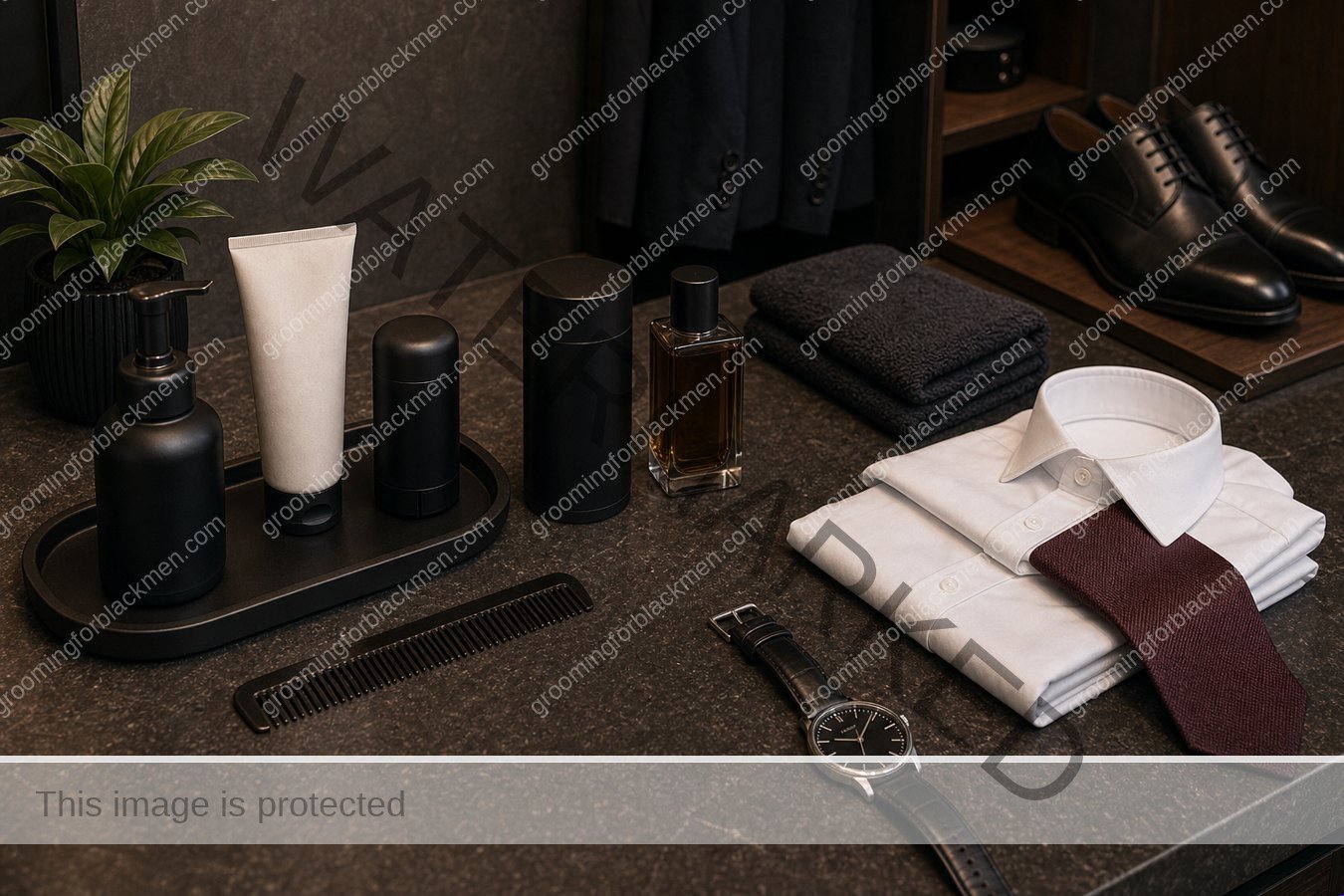 Grooming tools and product categories for Black men arranged for daily presence routine