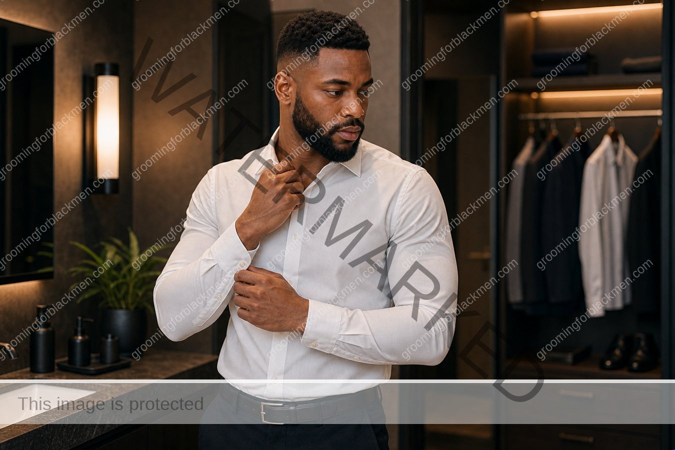 Black man using a realistic daily presence routine grooming step with careful technique