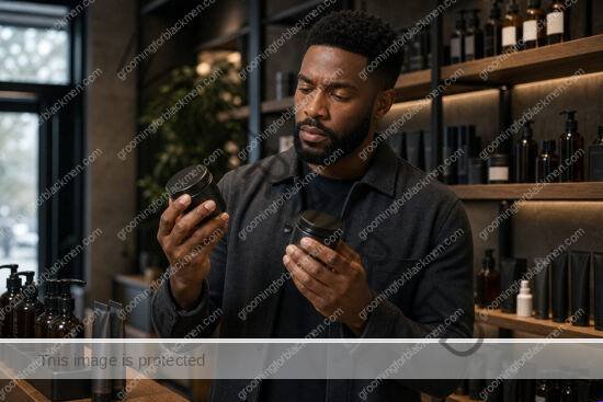 Black man comparing grooming products in a premium product aisle