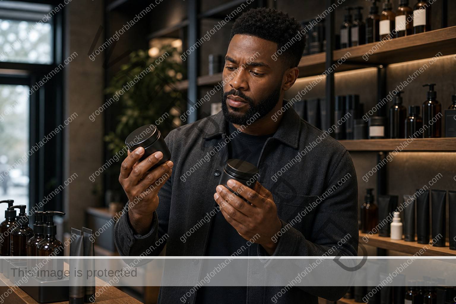 Black man comparing grooming products in a premium product aisle