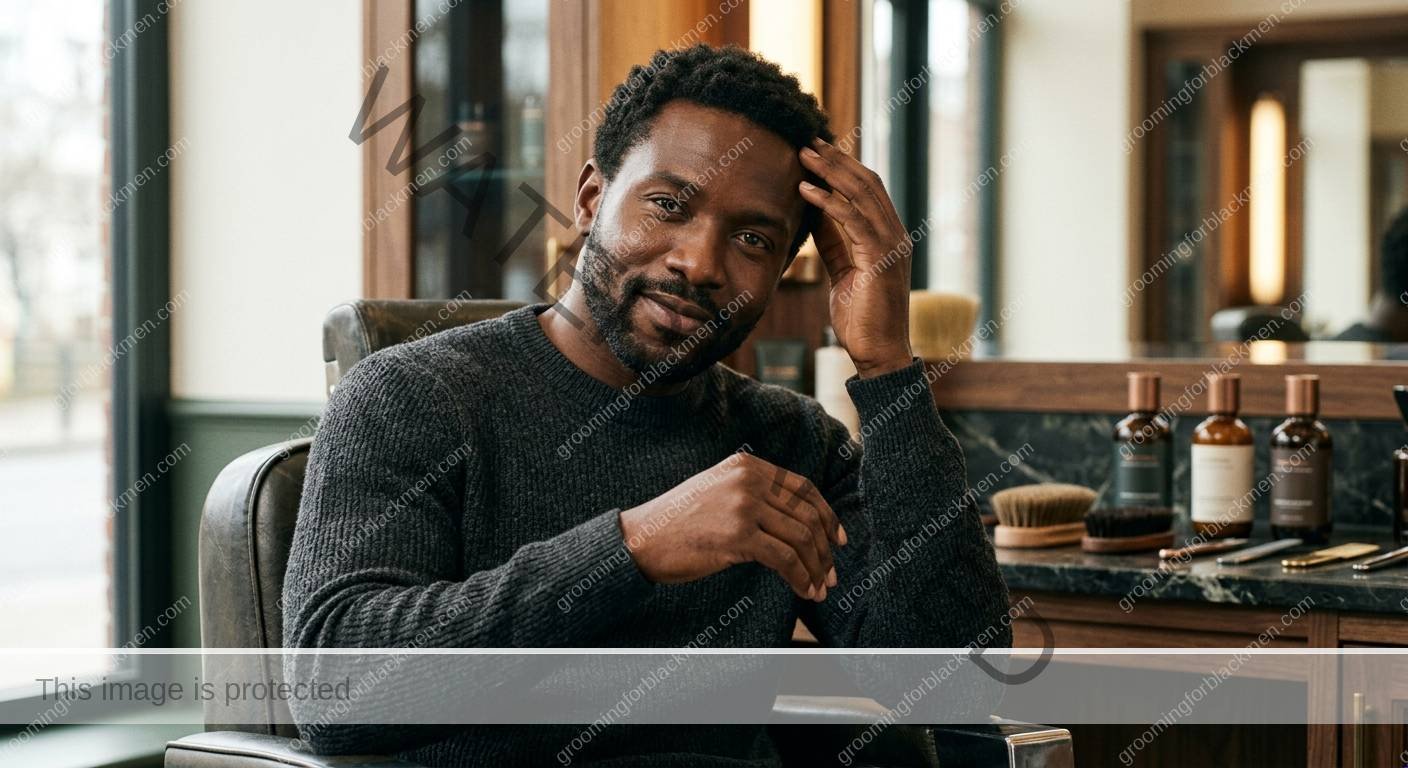 Black man grooming routine image for Dry Scalp for Black Men: Practical Grooming Guide