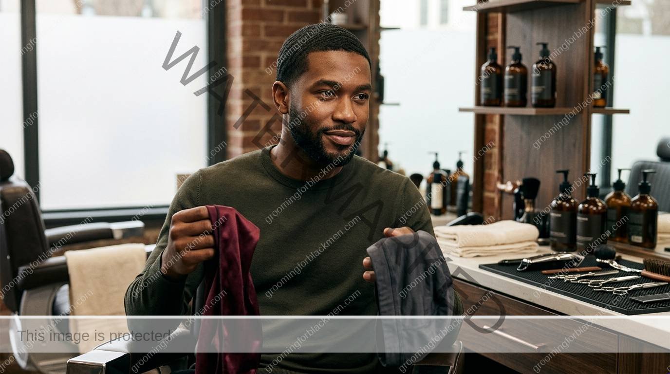 Black man grooming routine image for Durag vs Wave Cap for Black Men: Practical Grooming Guide