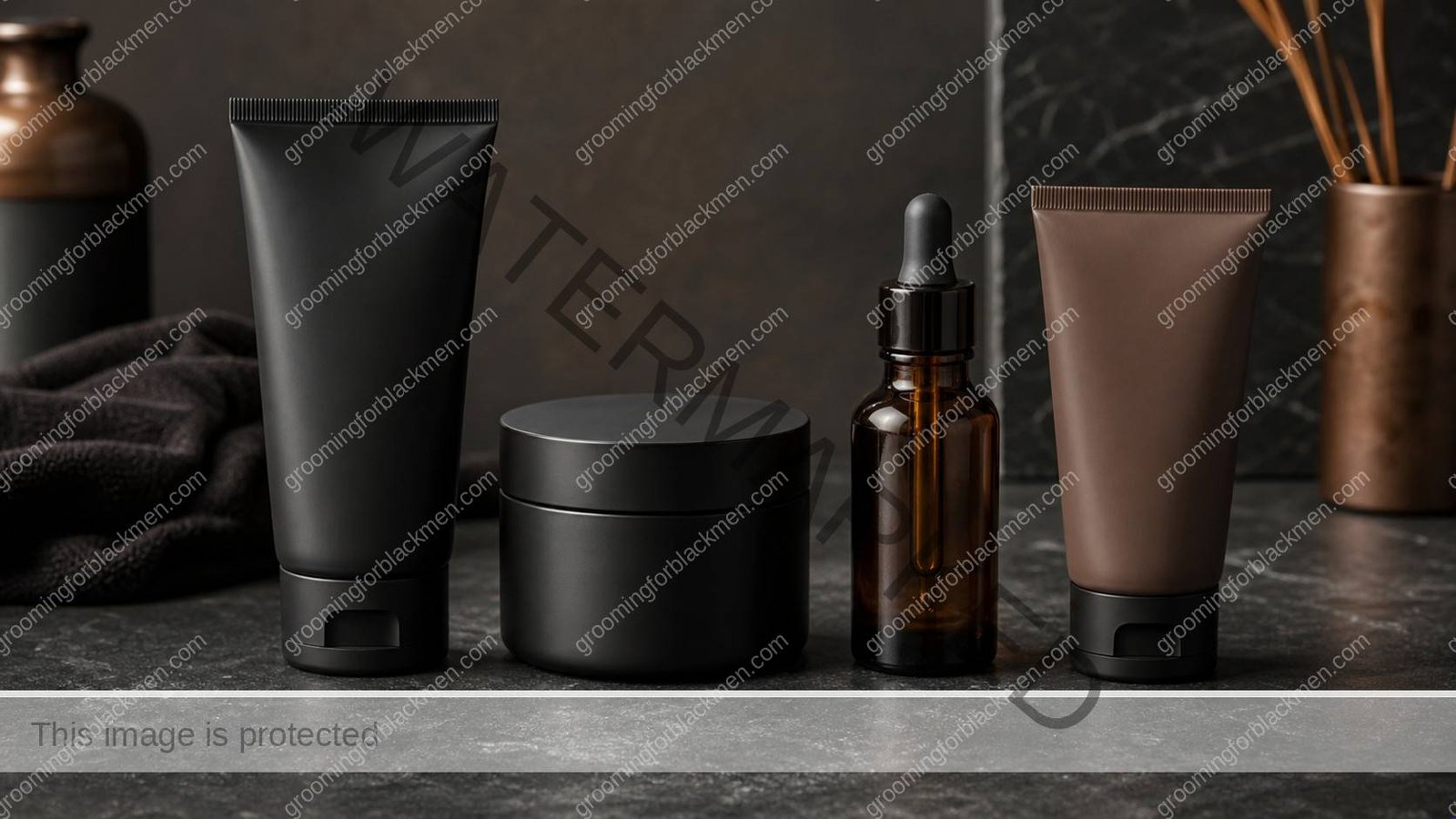 Unlabeled product types for a routine for facial ashiness after moisturizing arranged on a masculine vanity - Grooming For Black Men