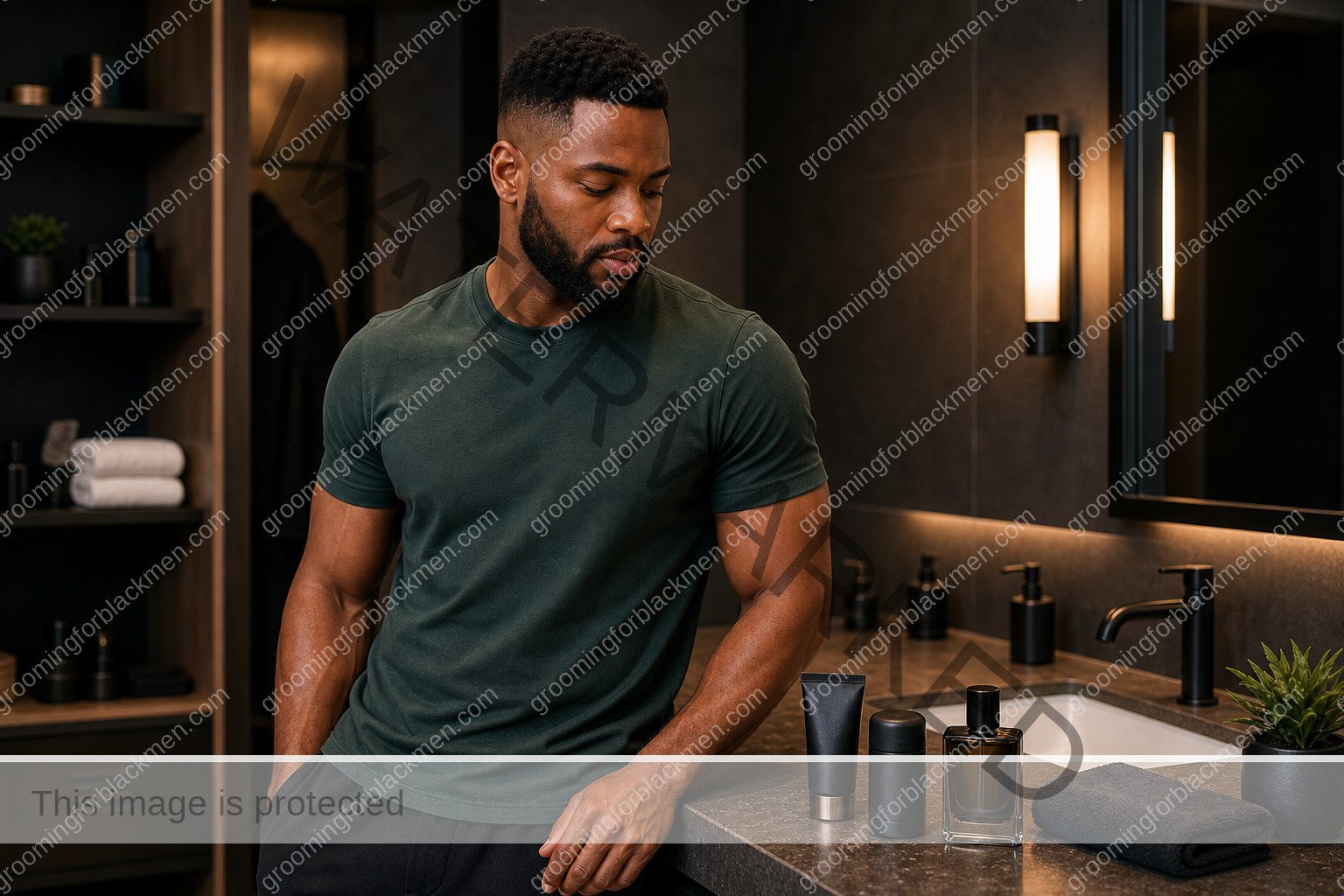 Black man preparing a fragrance layering routine in a clean masculine grooming space