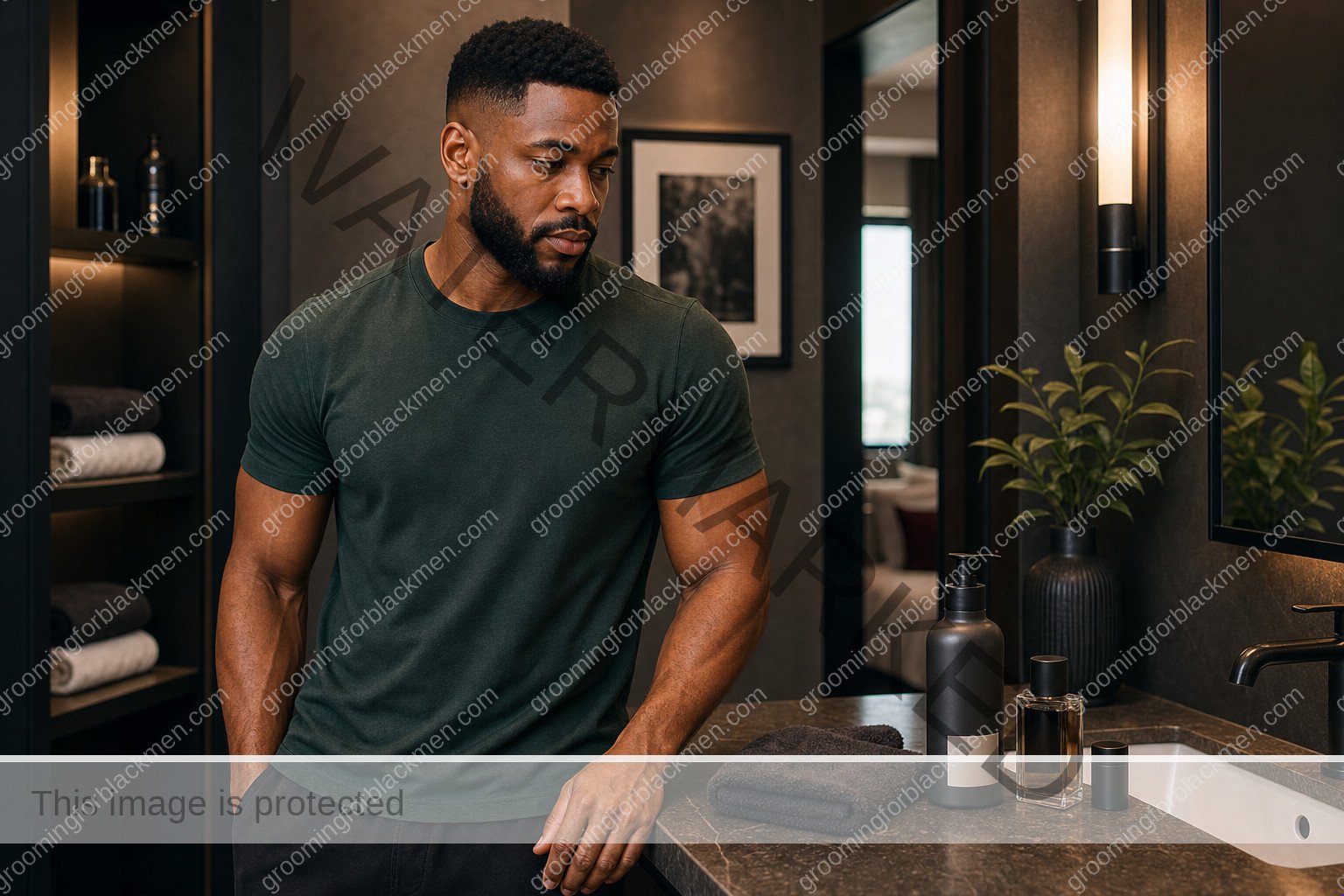 Black man with rich brown skin in a premium grooming setting for fragrance layering for black men practical grooming guide