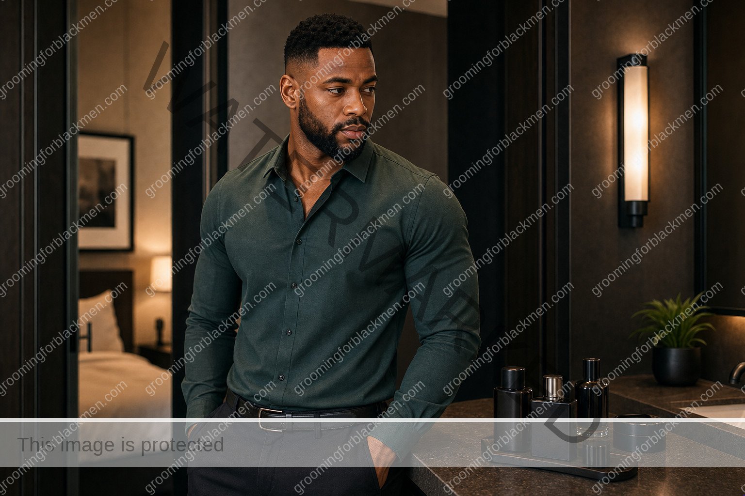 Black man with a clean finished fragrance layering routine and realistic skin texture